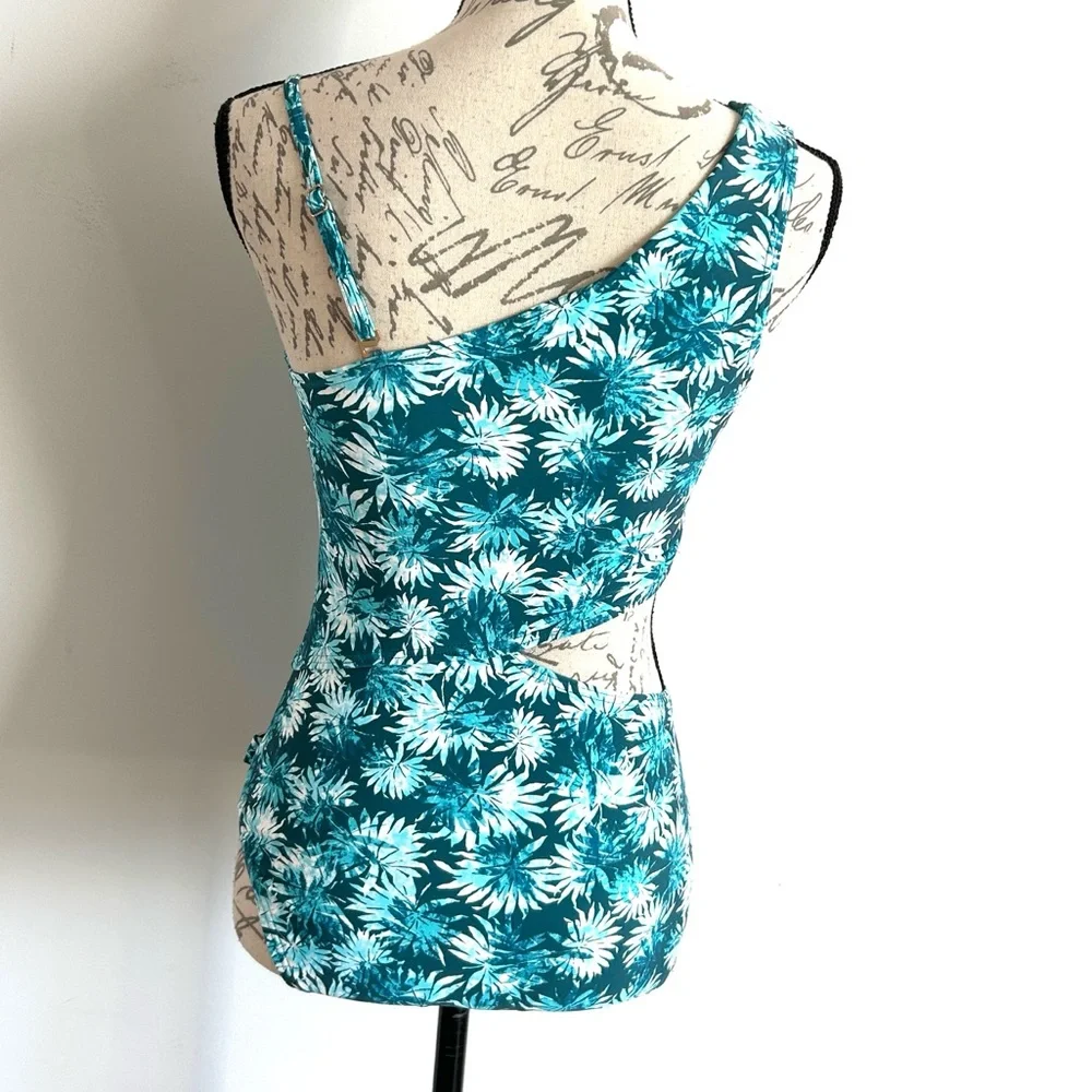 Michael Kors Swimsuit One Piece Cut Out Side One Shoulder Adjustable Teal Palms